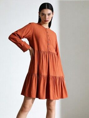 MADEWELL Dress Flannel Cotton Button Placket Tiered Mini Burnt Orange SMALL